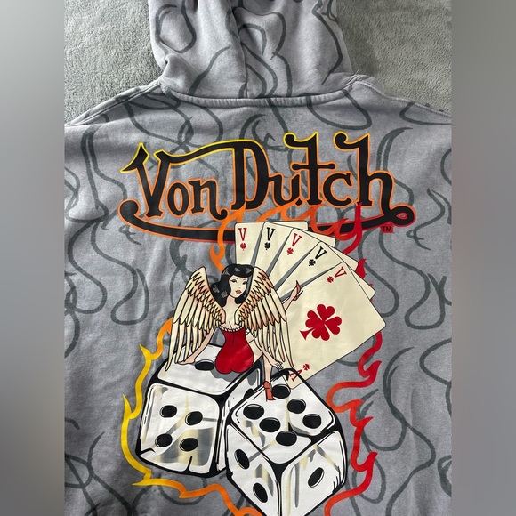 Von Dutch Other - Von Dutch Hooded Sweatshirt Mens Small / Medium Logo Gray Hoodie 8 Ball Flames